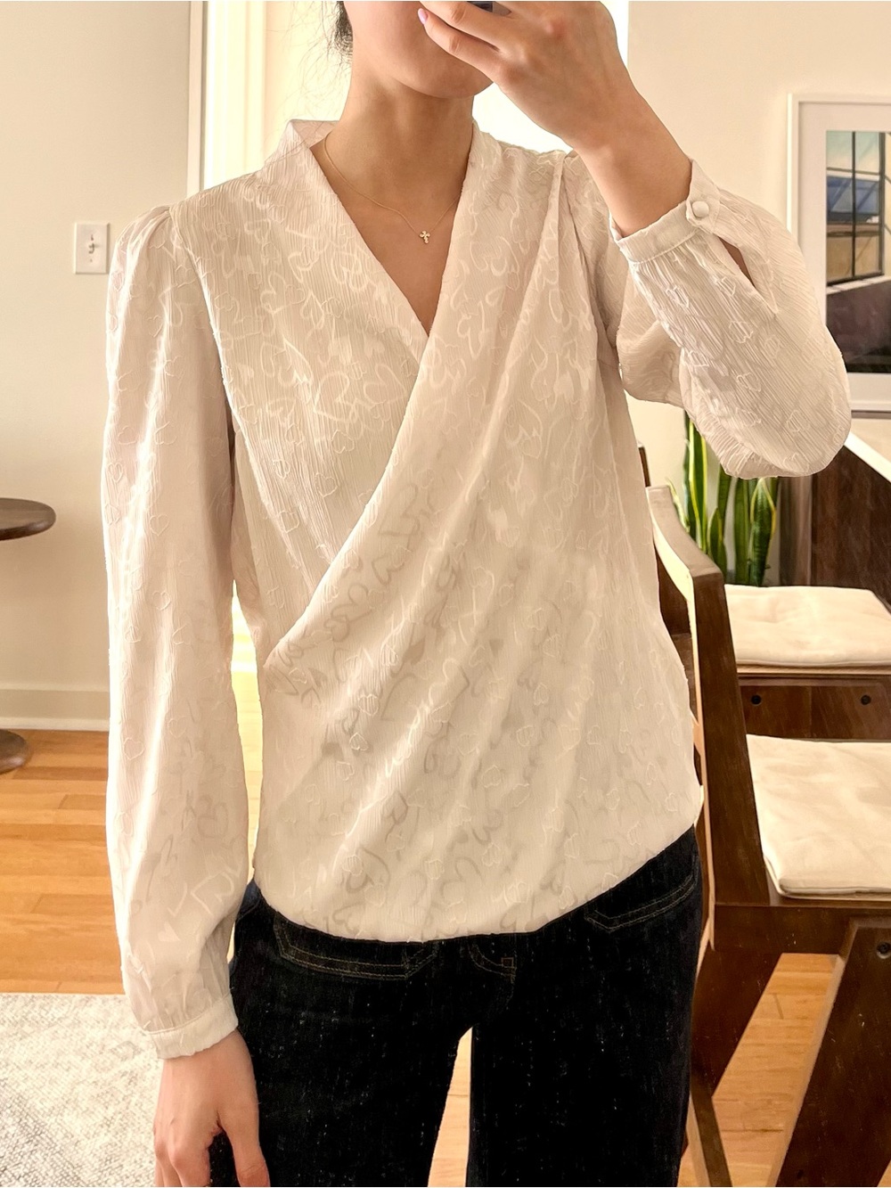 NW/OT Aqua White Wrap V-Neck Blouse with heart pattern